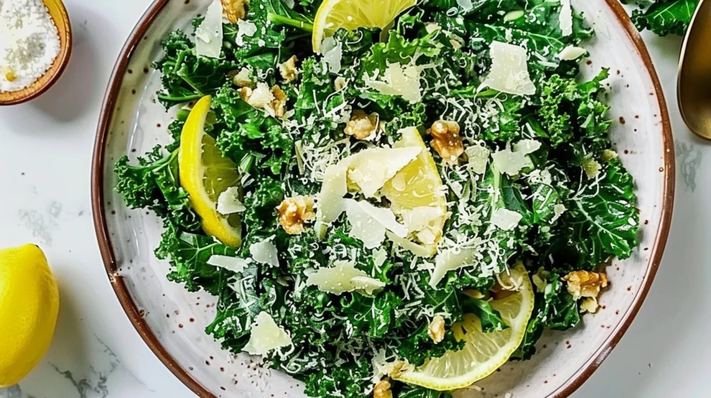 Kale salad with lemon dressing and grated Parmesan cheese served in a bowl.