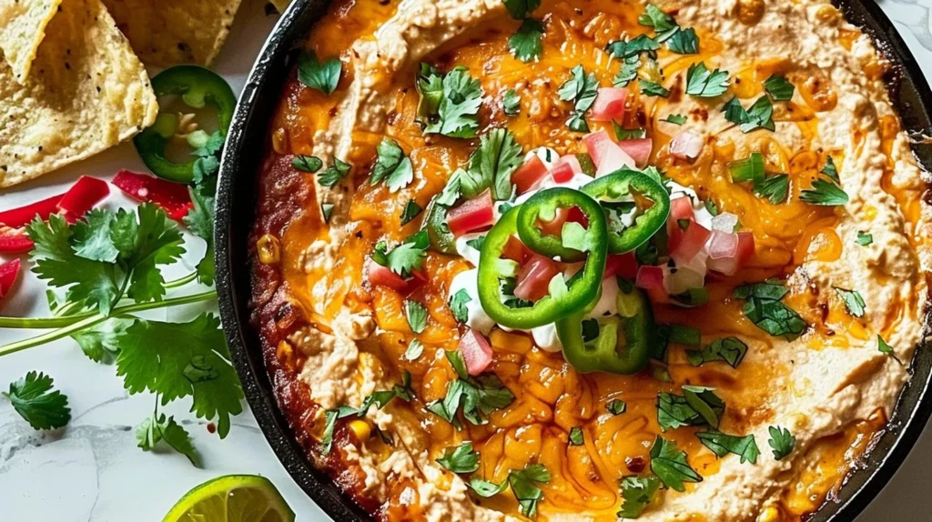 Delicious layered Mexican party dip with colorful ingredients and toppings