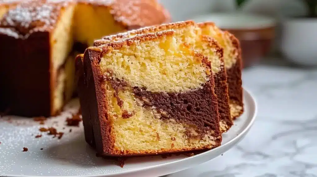 Layered pound cake with frosting and fresh berries on a serving plate