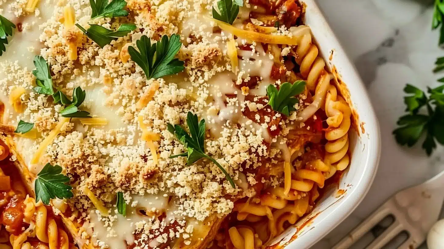 Lazy Day Chicken Parmesan Casserole topped with cheese and herbs