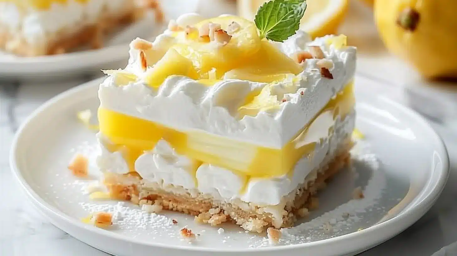 Delicious Lemon Lush dessert with creamy lemon layers and a crunchy crust