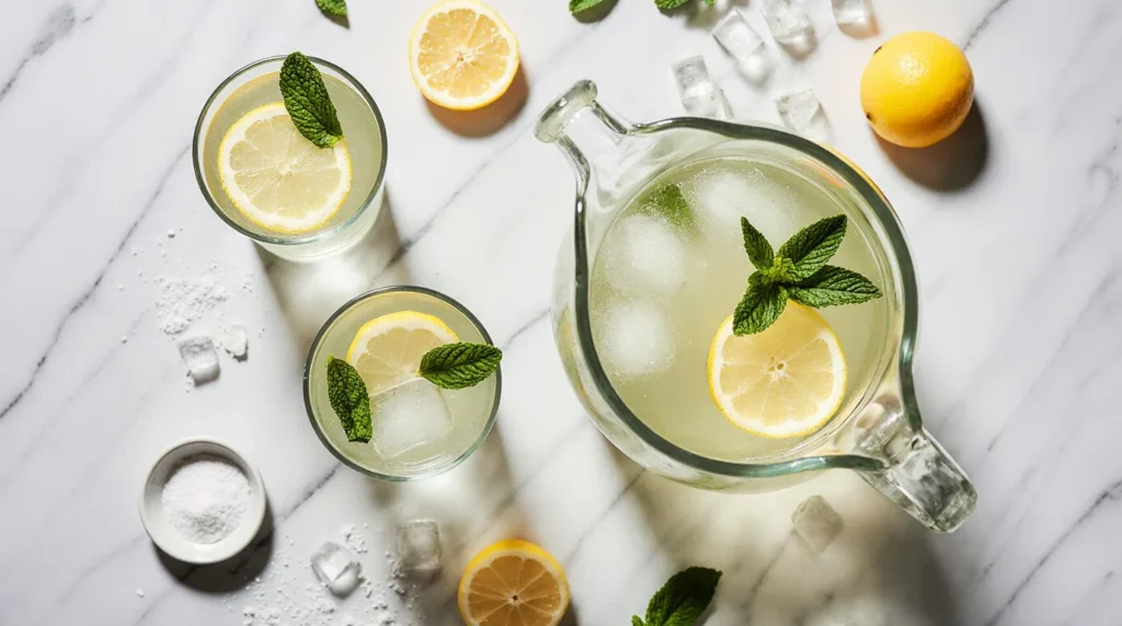 Glass of homemade lemonade with lemon slices on a wooden table