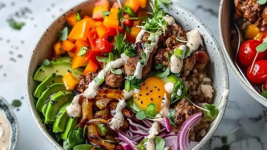 Delicious Loaded Paleo Burger Bowls with fresh ingredients and vibrant toppings.