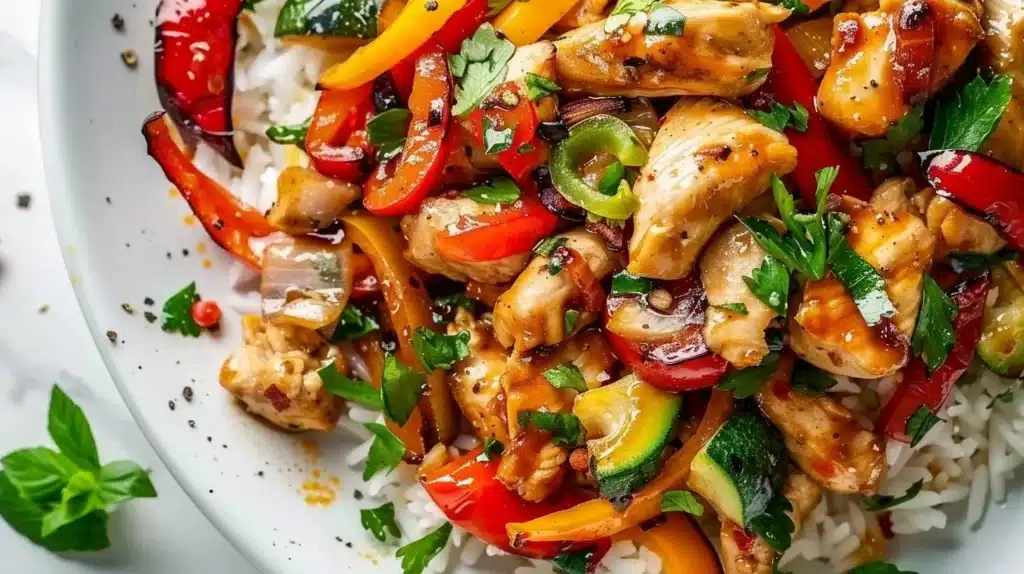 Colorful Mediterranean Chicken Stir Fry with vegetables in a skillet