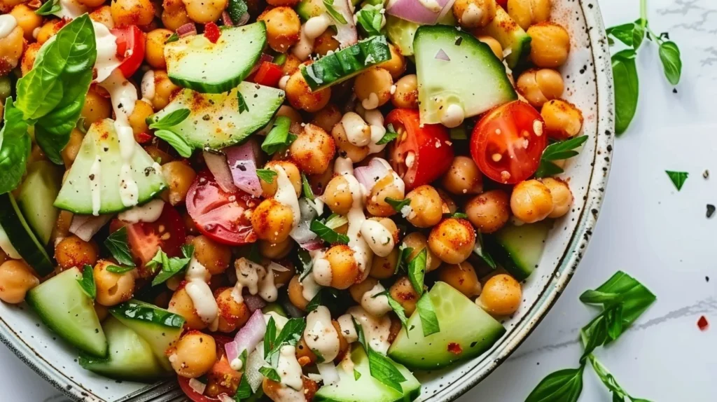 Delicious Mediterranean chickpea salad with colorful vegetables and herbs