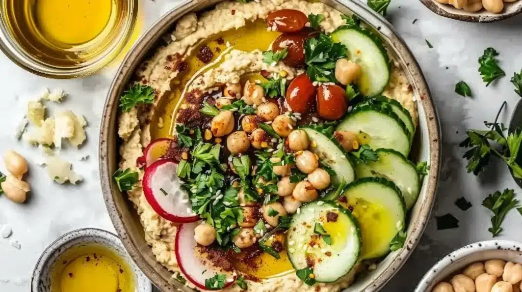 Mediterranean hummus bowl with fresh vegetables and pita bread on a plate