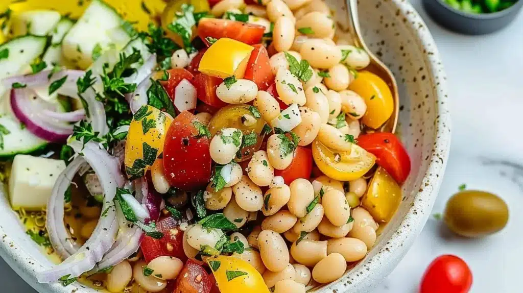 Colorful Mediterranean White Bean Salad with fresh vegetables and herbs.