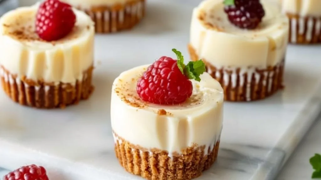 Delicious mini cheesecakes topped with fresh fruit and chocolate