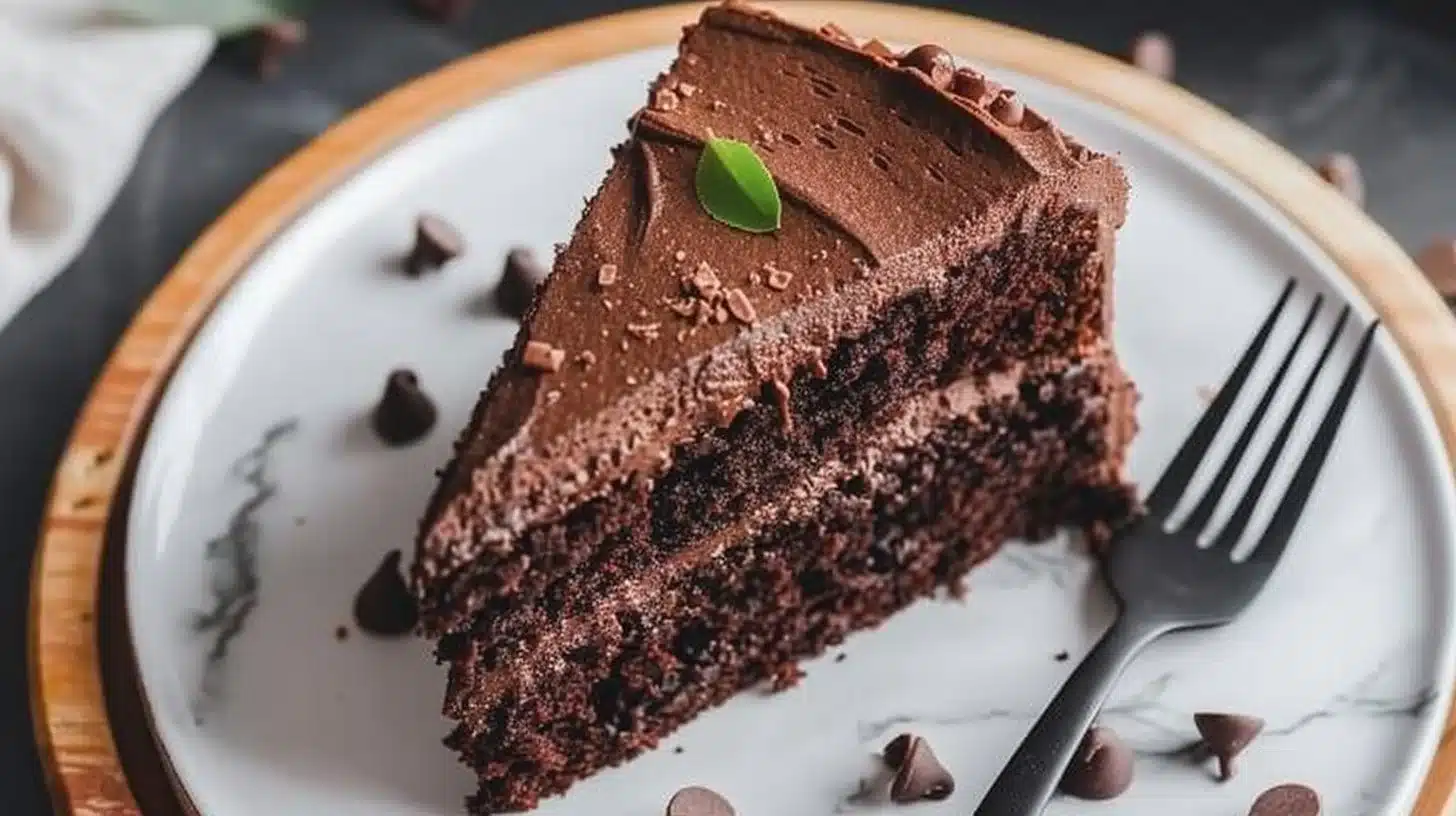 Delicious moist chocolate cake with rich frosting and chocolate shavings