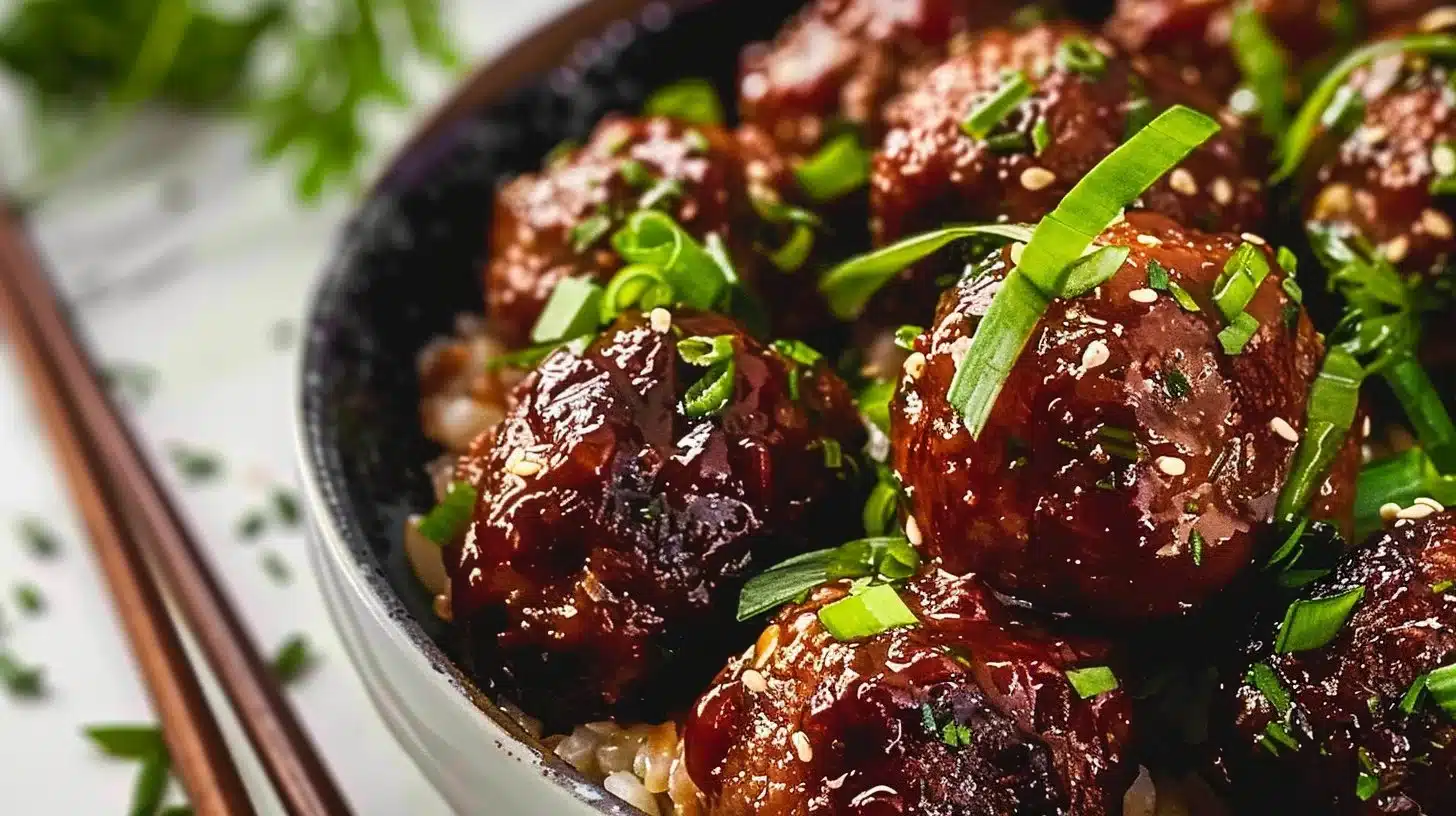 Plate of Mongolian Beef Meatballs garnished with green onions and sesame seeds.