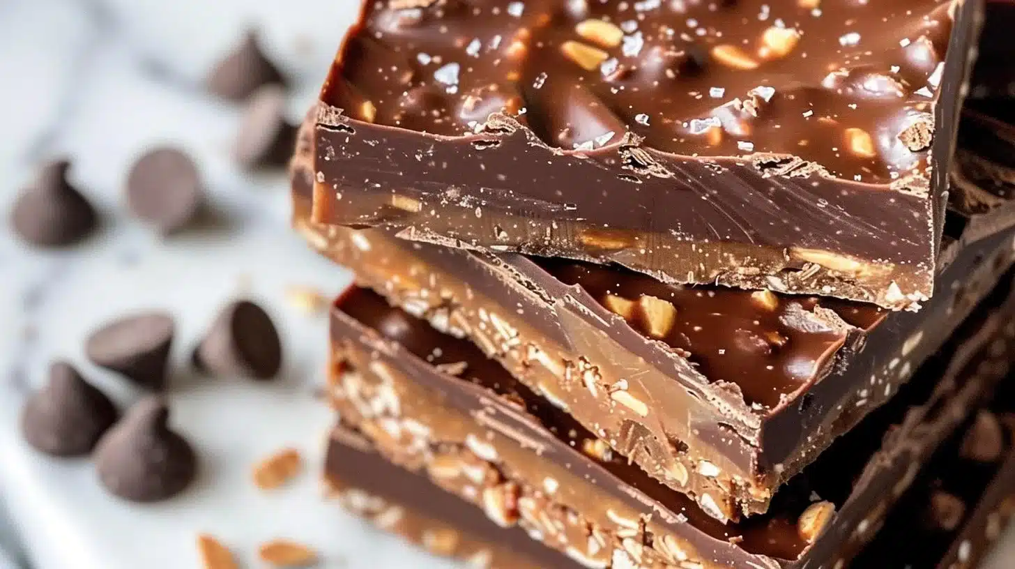 No bake chocolate bars stacked on a plate, ready to enjoy.