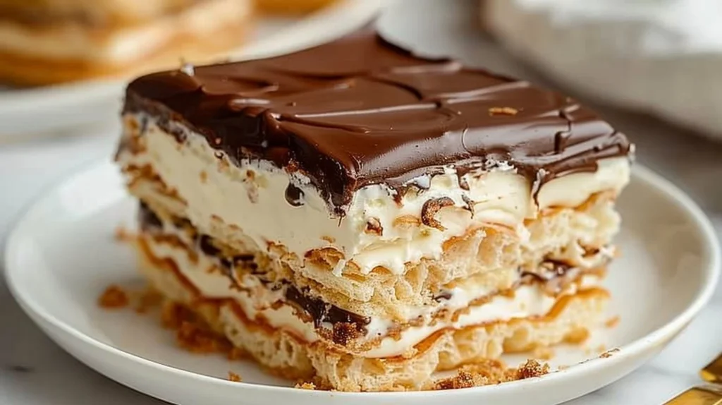 No bake eclair cake with creamy filling and chocolate glaze