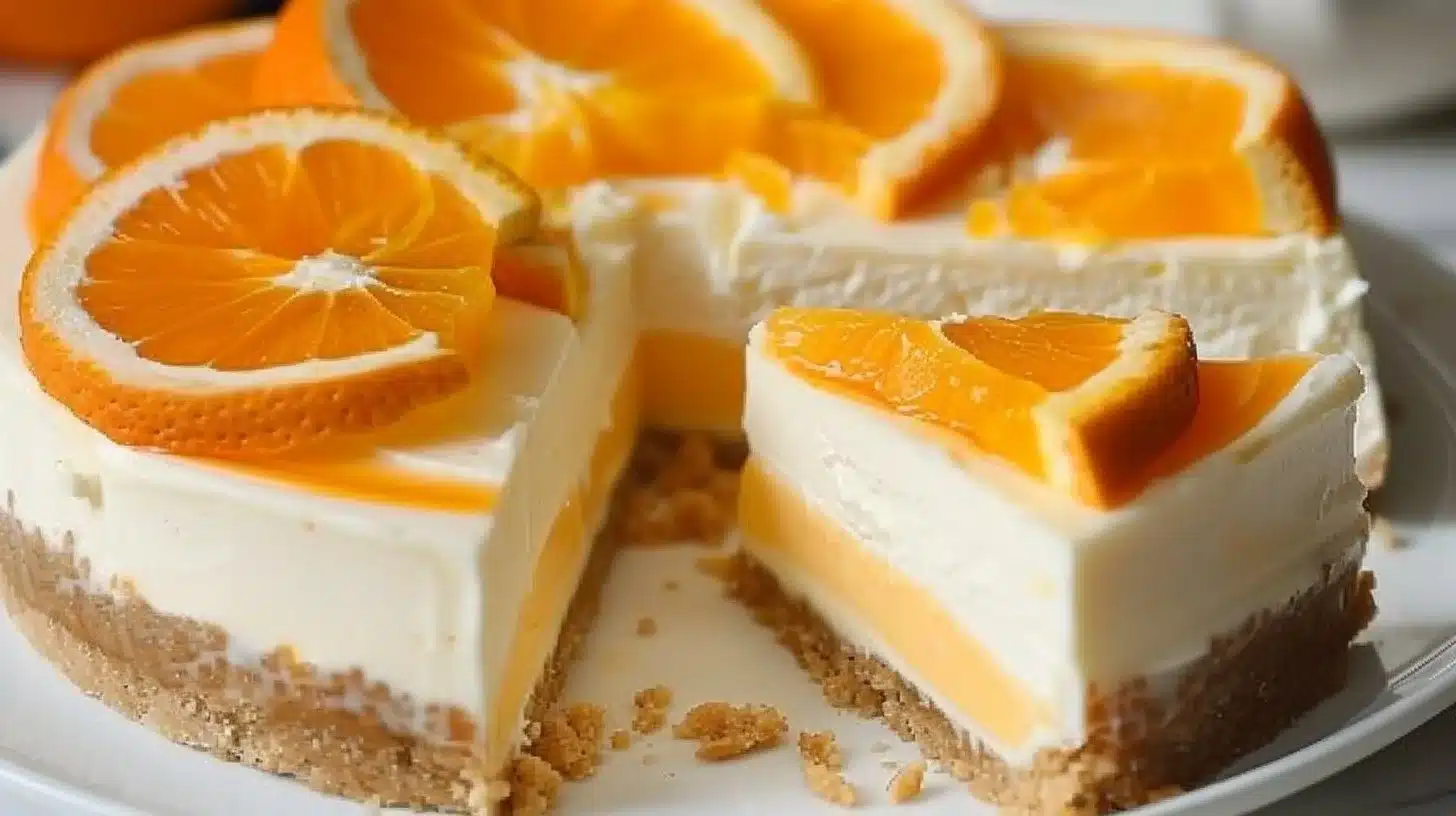 No-bake orange creamsicle cheesecake topped with orange slices and whipped cream.