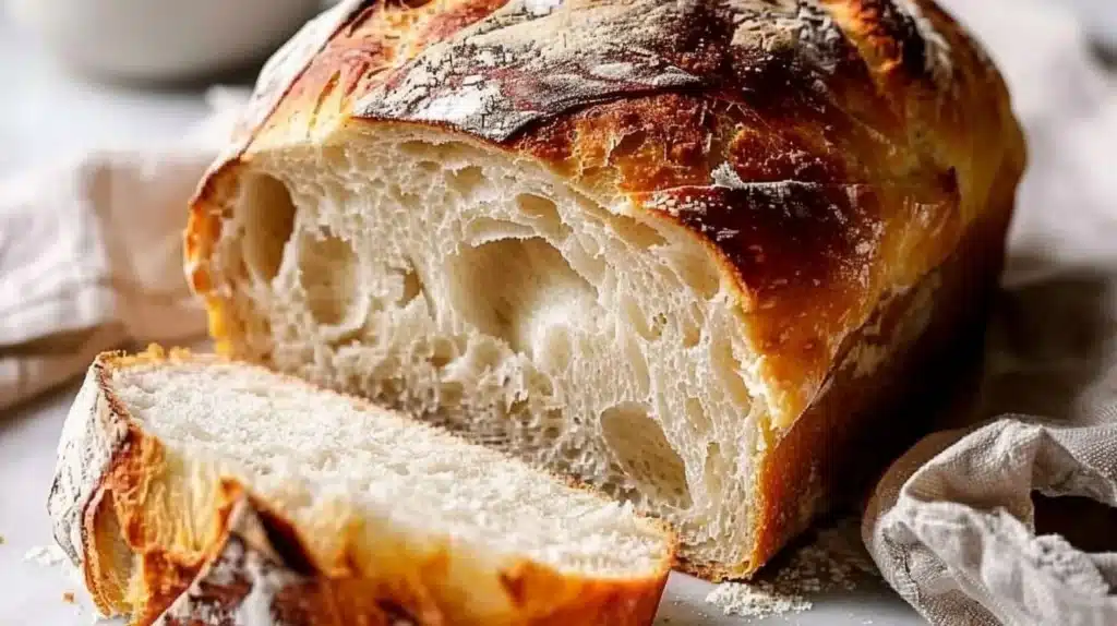 Freshly baked No Knead Dutch Oven Sandwich Bread loaf on a cutting board.