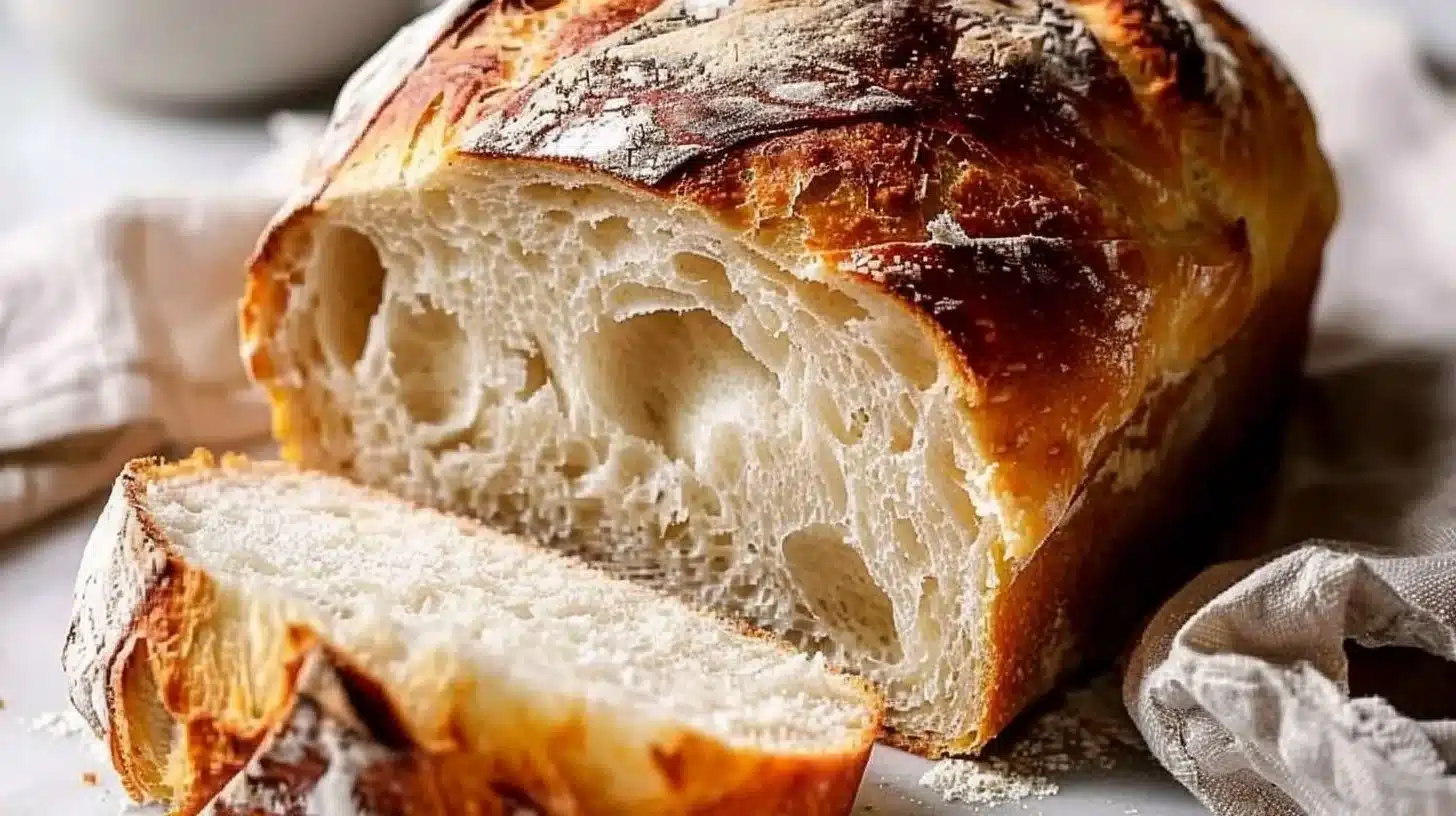 Freshly baked No Knead Dutch Oven Sandwich Bread loaf on a cutting board.