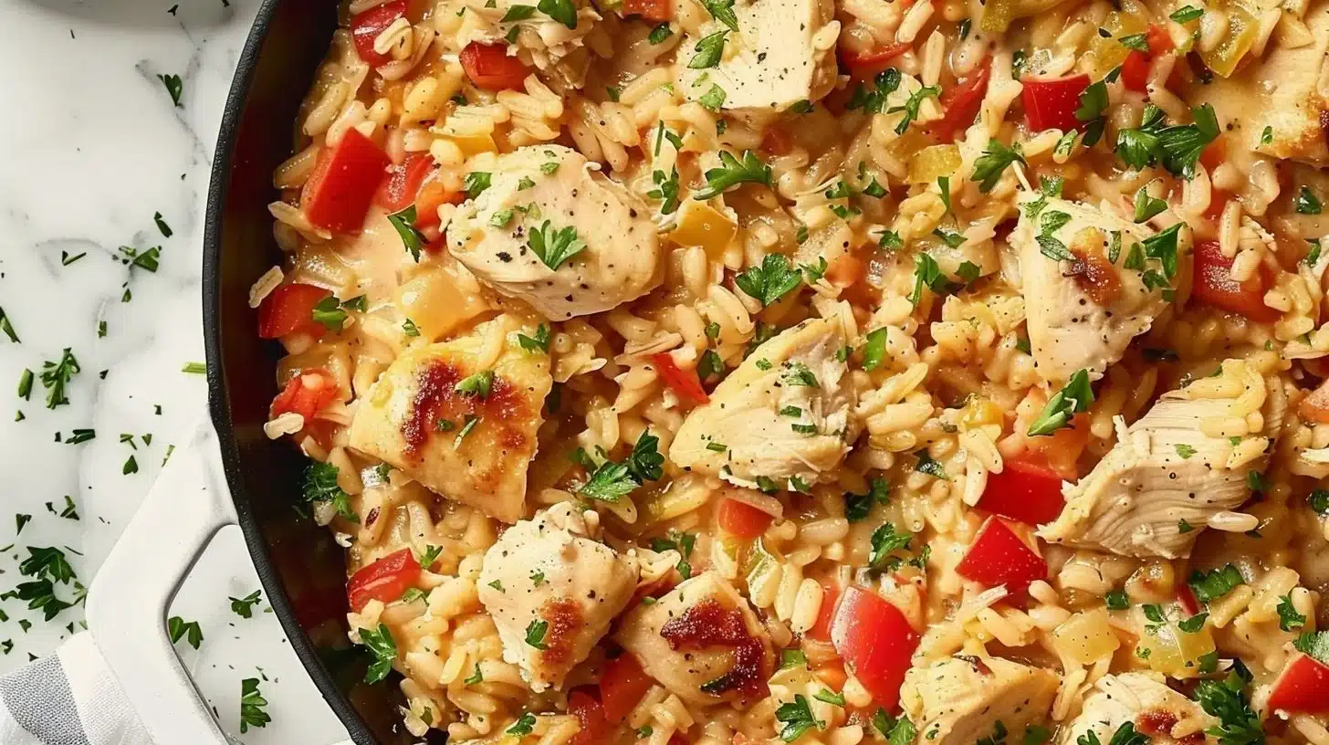 One Pan Chicken and Rice Casserole served with fresh herbs