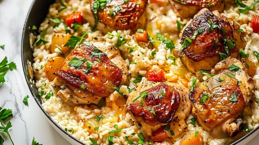 One Pan Chicken Risotto served in a skillet with herbs and grated cheese