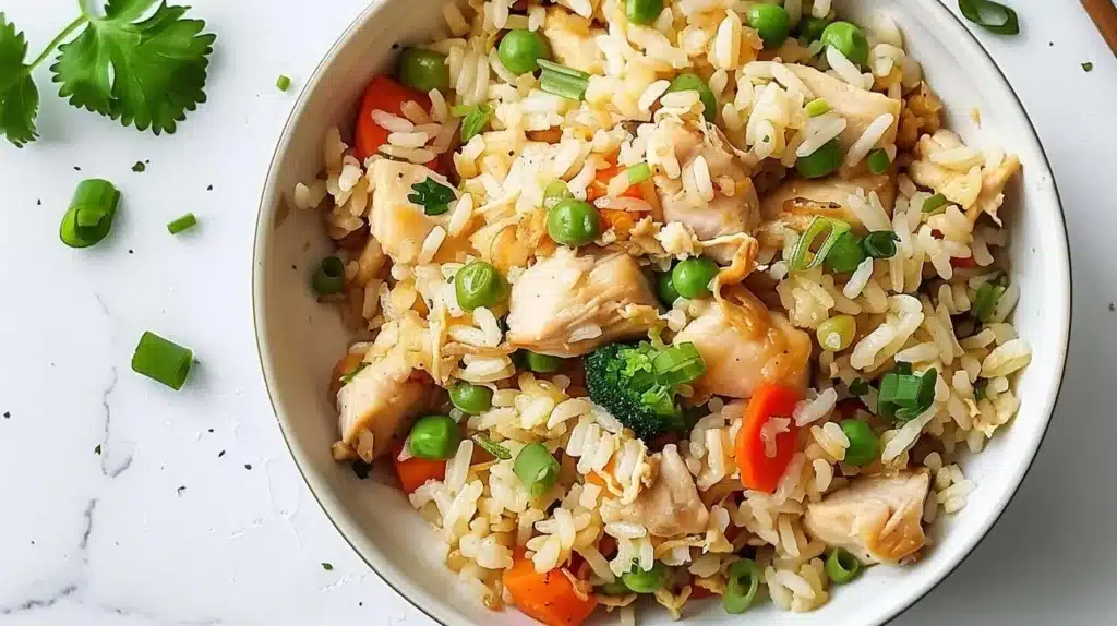 A delicious bowl of one-pot chicken fried rice served with vegetables and herbs.