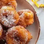 Delicious orange-cinnamon fritters dusted with sugar on a plate.