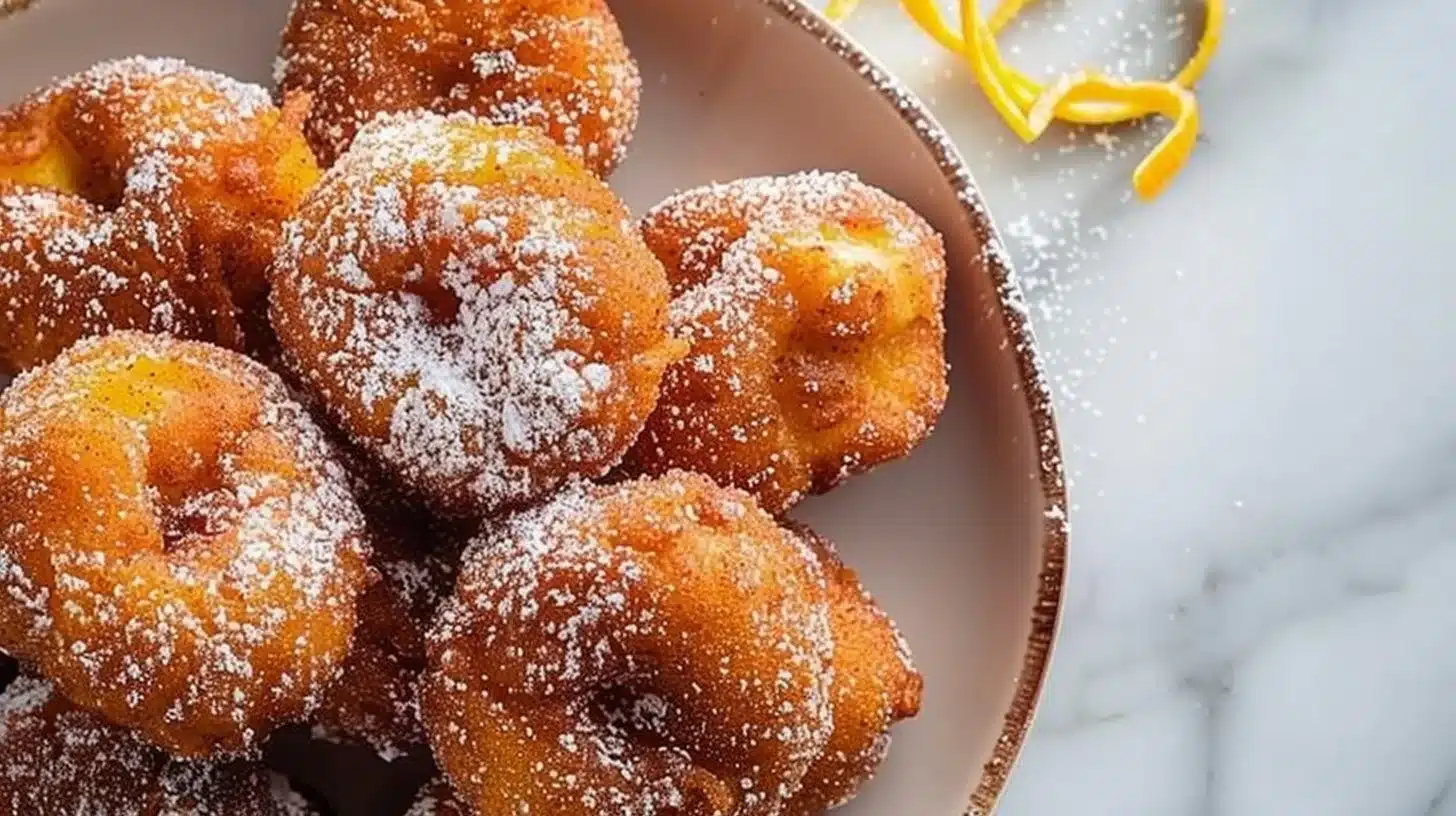 Delicious orange-cinnamon fritters dusted with sugar on a plate.