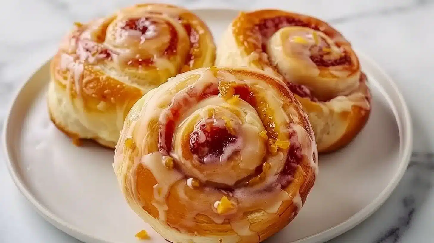 Freshly baked orange sweet rolls drizzled with icing