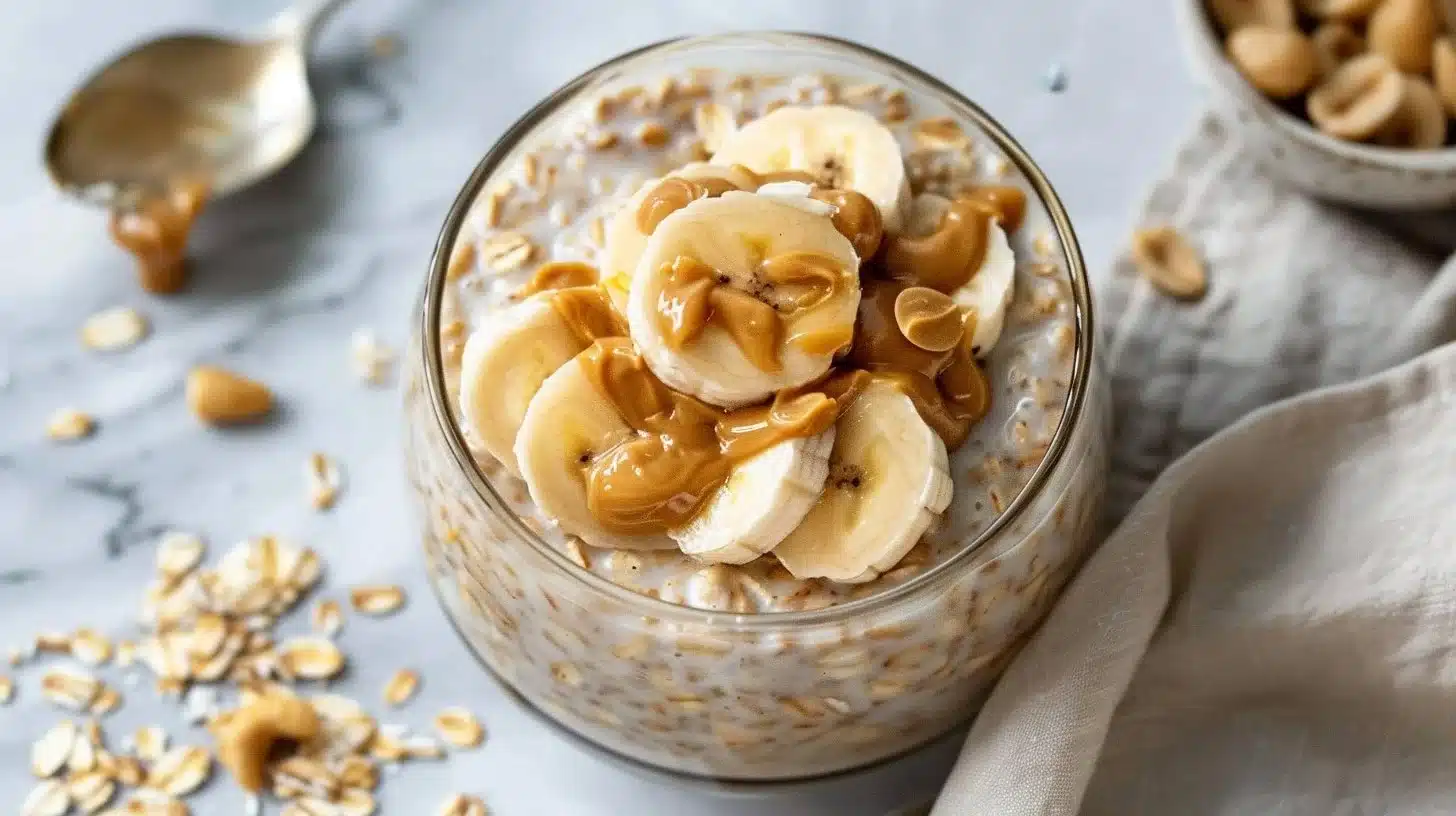 Bowl of overnight oats topped with peanut butter and banana slices