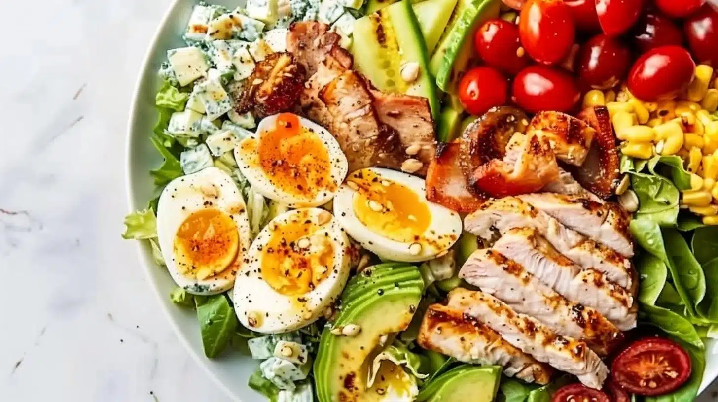 Paleo Cobb Salad with greens, chicken, avocado, and hard-boiled eggs