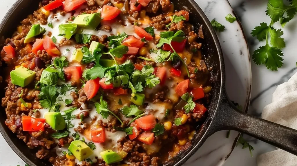 Delicious Paleo Mexican Ground Beef Skillet served in a pan