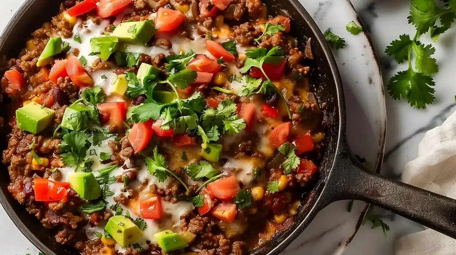 Delicious Paleo Mexican Ground Beef Skillet served in a pan
