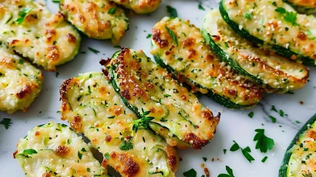 Crispy Parmesan zucchini rounds served on a plate