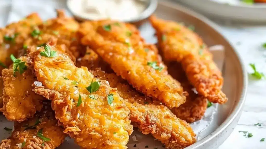 Crispy chicken tenders served with dipping sauce at PDQ.