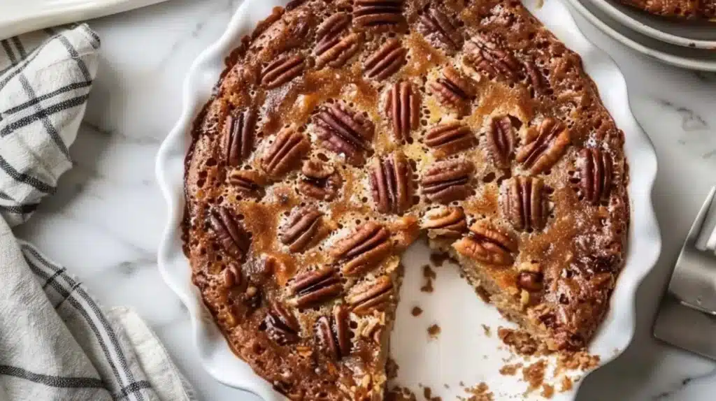 Delicious homemade pecan dump cake topped with pecans and caramel