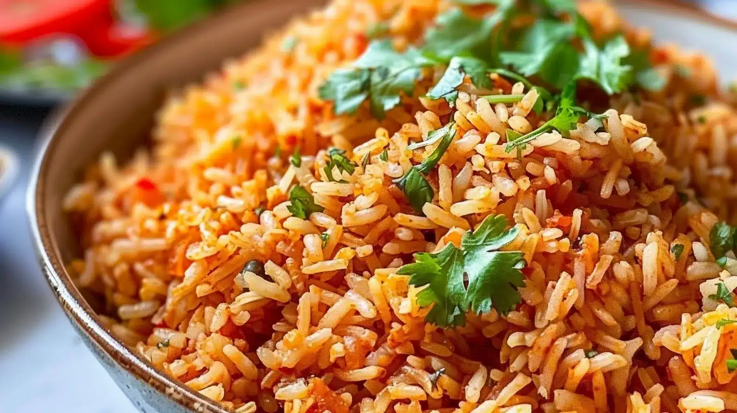 A bowl of perfectly cooked Instant Pot Mexican rice garnished with herbs