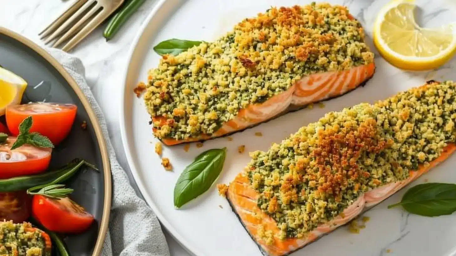 Pesto Panko Crusted Salmon on a plate garnished with herbs