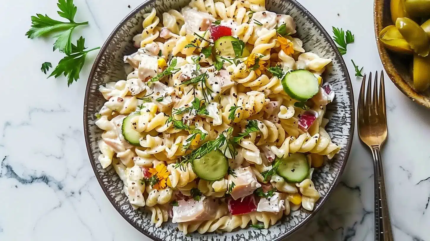 Delicious pickle-packed pasta salad with tuna served in a bowl.