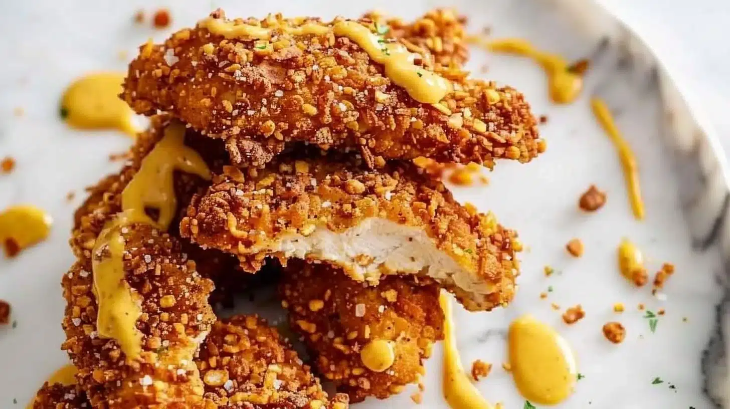 Crispy Pretzel Crusted Chicken Tenders served with dipping sauce