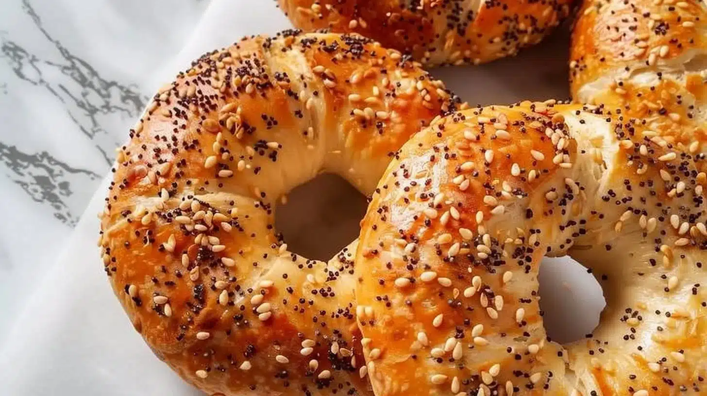 Delicious homemade protein bagels topped with seeds and herbs
