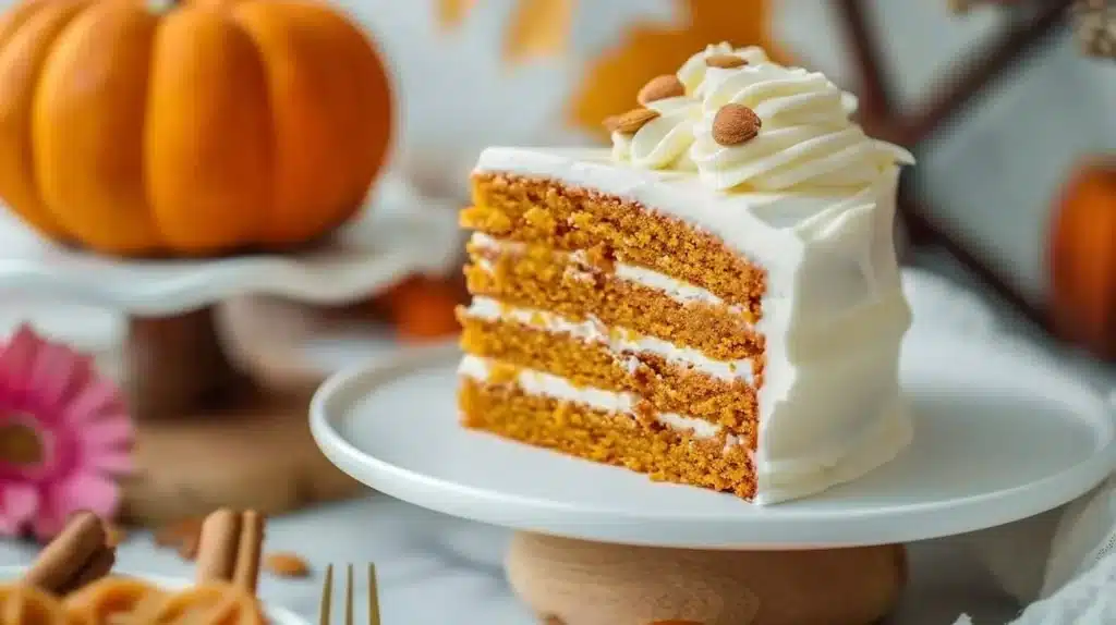 Delicious Pumpkin Layer Cake stacked with creamy frosting and fall spices.