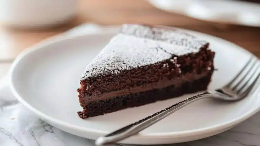 Delicious quick chocolate cake ready to be served with a slice cut out