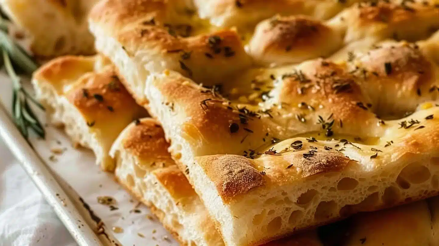 Freshly baked garlic focaccia in a sheet pan garnished with herbs