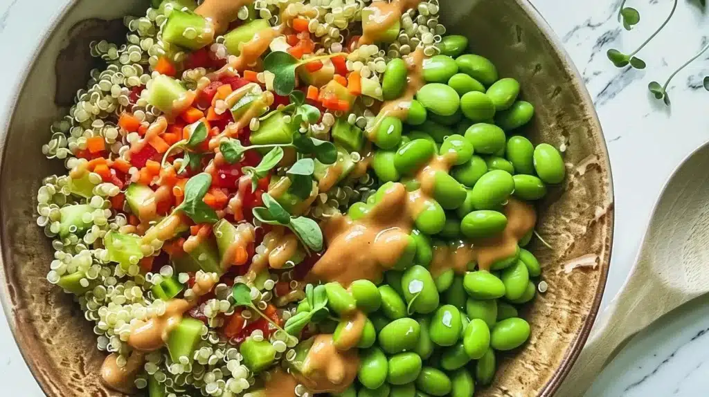 Quinoa and edamame bowl topped with fresh vegetables and dressing