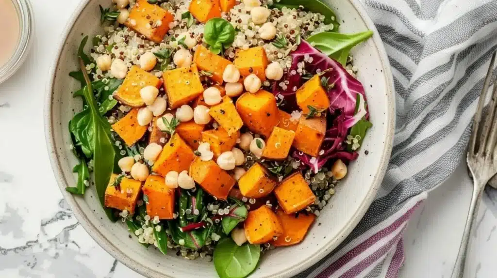 Roasted Sweet Potato Quinoa Veggie Bowl with vibrant colors and fresh ingredients