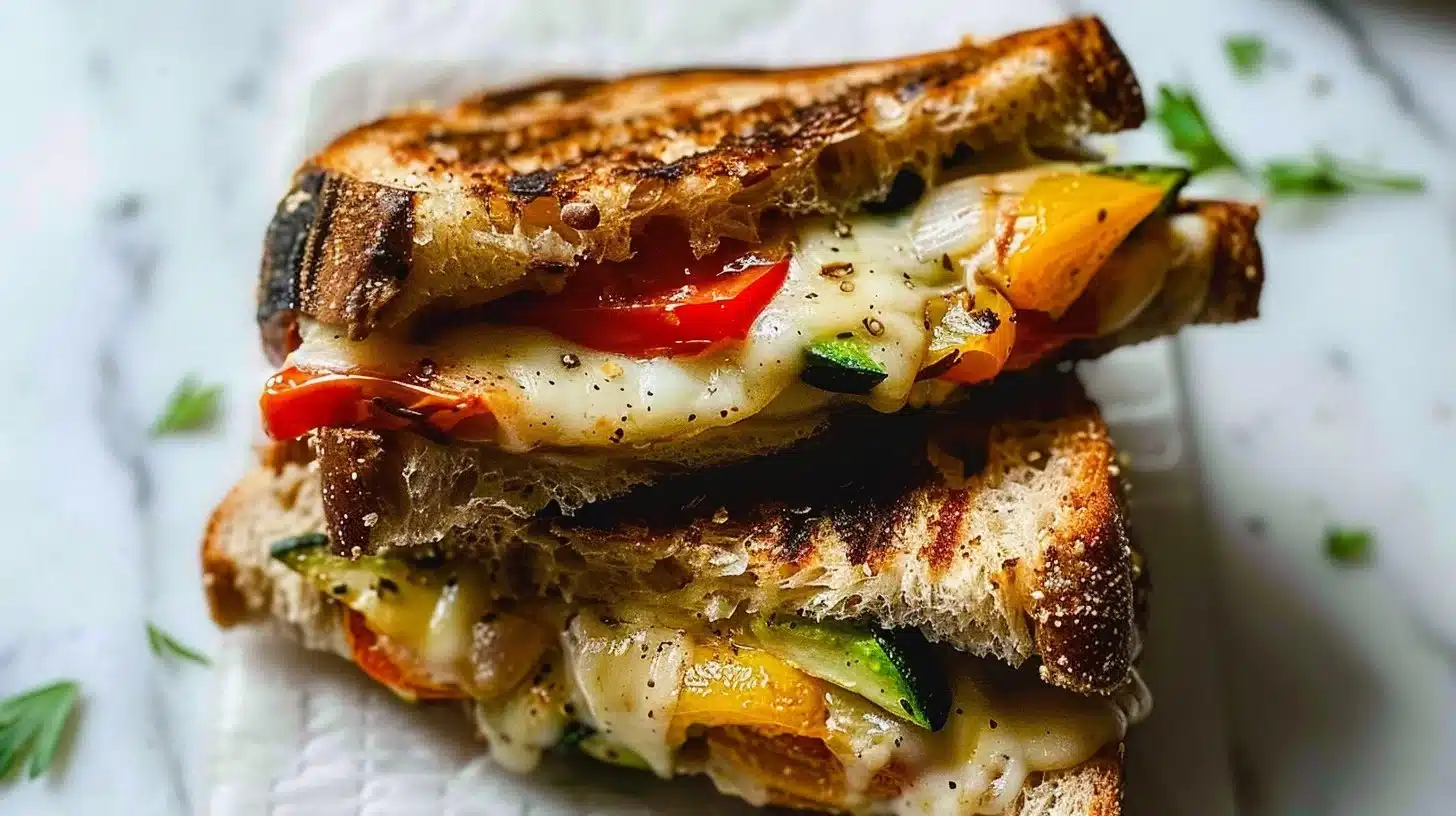 Roasted Vegetable Grilled Cheese sandwich with melted cheese and colorful veggies.