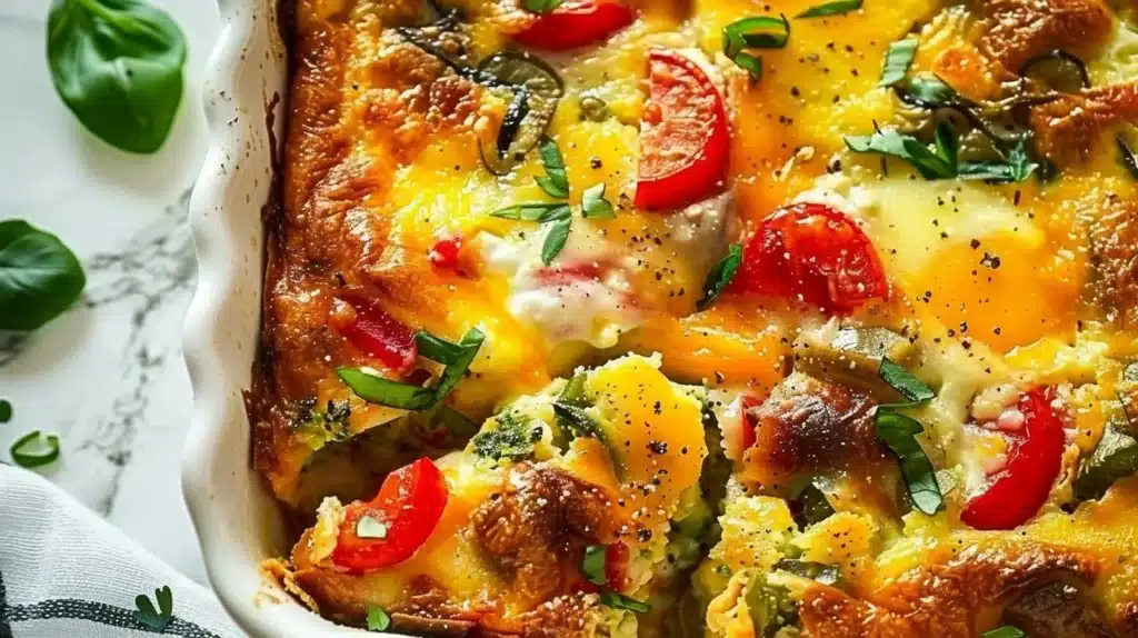 Savory breakfast casserole with eggs, cheese, and veggies baked in a dish