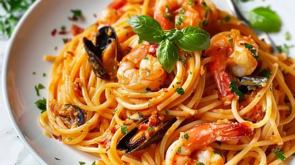 Plate of seafood pasta with shrimp, mussels, and herbs on a rustic table