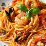 Plate of seafood pasta with shrimp, mussels, and herbs on a rustic table
