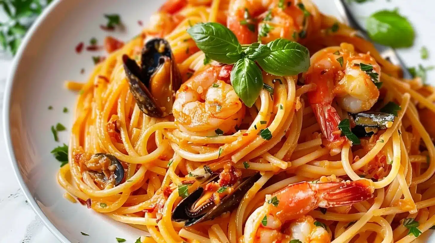 Plate of seafood pasta with shrimp, mussels, and herbs on a rustic table