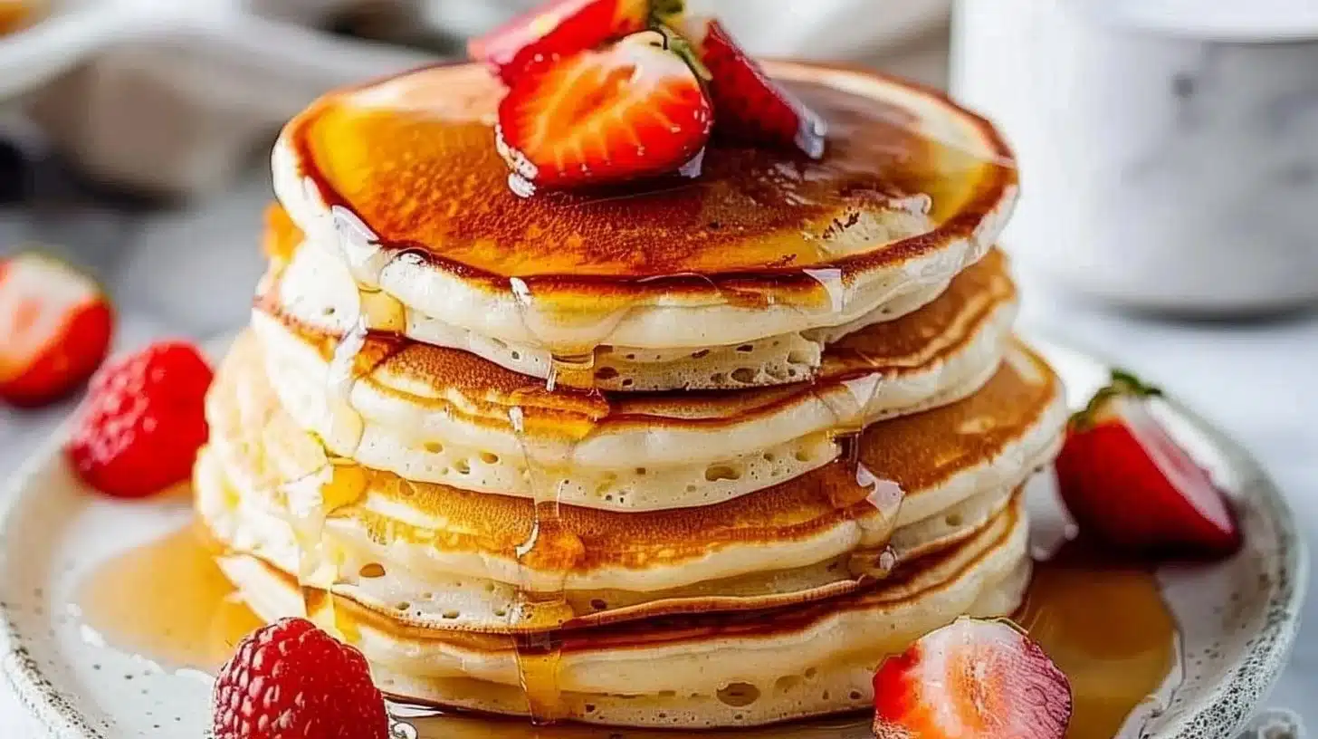 Delicious sheet pan pancakes served with syrup and berries on a wooden table.