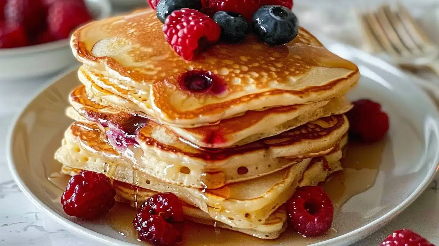 Delicious sheet pan pancakes served with syrup and fresh berries