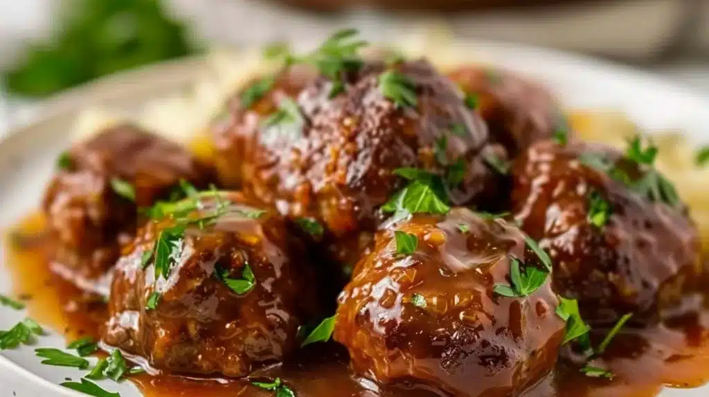 Slow cooker Salisbury steak meatballs served on a plate with gravy and mashed potatoes